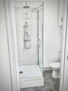 La salle de bains est pourvue d'une douche avec une porte en verre. dans l'établissement Le Petit Coeur, au Havre