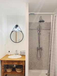 uma casa de banho com um lavatório e um chuveiro com um espelho. em L'anne xe, studio indépendant em Valeuil