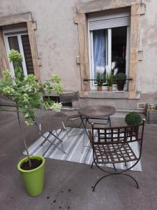 a patio with a table and chairs and a potted plant at MoonLOVE, SPA/Sauna et Jacuzzi privés, charme et détente. in Nancy