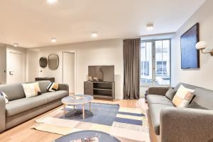 een woonkamer met 2 banken en een tv bij 121 - Urban Gorgeous Flat in Montorgueil in Parijs
