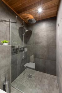 uma casa de banho com um chuveiro e uma porta de vidro em TartuKodu Riia 20B-3 em Tartu