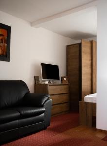 a living room with a couch and a television at Vikings Grigo Apartaments in Cluj-Napoca