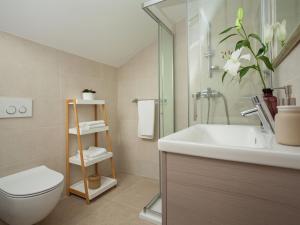 une salle de bain avec un lavabo, des toilettes et une douche dans l'établissement Luxury villa Lovely maiden near Vela Luka, pool, à Vela Luka 25 autres photos