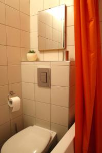 a bathroom with a toilet and a mirror at Apartment City Heart in Valmiera