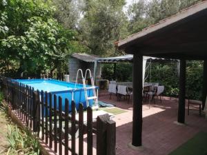 a patio with a blue pool and a table and chairs at Las Solanas del Pilar in Córdoba
