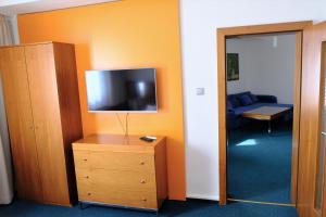 a room with a television and a bed in it at Hotel Continental in Brno