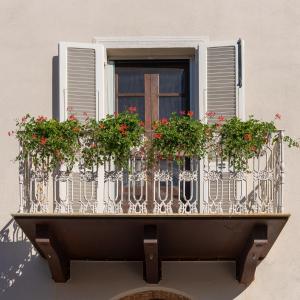 una finestra con balcone fiorito di Palazzo Degli Archi a San Vincenzo
