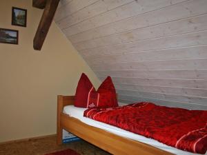 a bed with red pillows on it in a room at Pferd - Spaß - Entspannung in Staitz