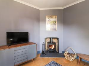 sala de estar con chimenea y TV de pantalla plana en Baldwins Hill Cottage, en Loughton