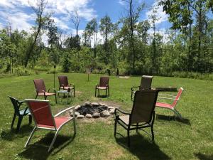 a group of chairs sitting around a fire pit at Cedar Ridge Cabins in Honor
