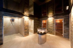 a bathroom with a trash can and a basketball hoop at Hotel Hemizeus & Iremia Spa in Zermatt