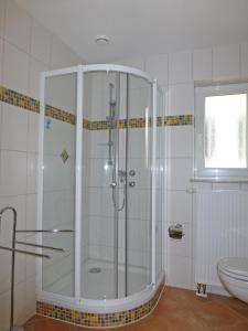 een badkamer met een douche en een toilet bij Ostsee Ferienapartments in Graal-Müritz