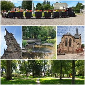 een collage van foto's van een kerk en een trein bij Gîte des Vosges du Sud in Ronchamp