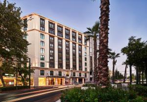 アテネにあるAthens Capital Center Hotel - MGallery Collectionの通りの前にヤシの木が茂る建物