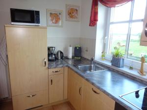 a kitchen with a sink and a microwave at Marschblick in Sudermarsch