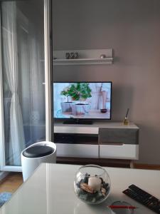 salon z telewizorem i stołem w obiekcie Apartman Ljubovic w mieście Podgorica