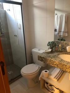 a bathroom with a toilet and a shower and a sink at Itacimirim boulevard in Itacimirim