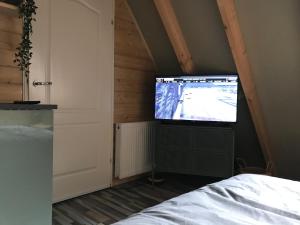 een slaapkamer met een flatscreen-tv op zolder bij T’ Hogeland Ainrom in Eenrum