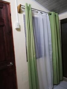 アラフエラにあるBelisのバスルーム(緑のシャワーカーテン、ドア付)