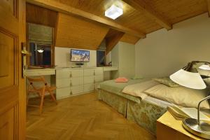 a bedroom with a bed and a desk and a television at Old Town Apartments Tyn in Prague