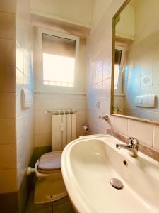 bagno con lavandino, servizi igienici e specchio di Casa Vacanze La Casetta a Lido di Ostia