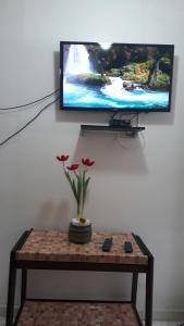 a television on a wall with a table with flowers on it at Pertinho da Mata in Cachoeiras de Macacu +17 photos