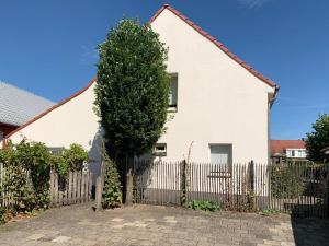 uma casa branca com uma cerca e uma árvore em De Morgenstond em Baarle-Hertog
