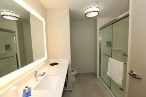 a bathroom with a sink and a shower and a mirror at Holiday Inn Express Hillsboro I-35, an IHG Hotel in Hillsboro