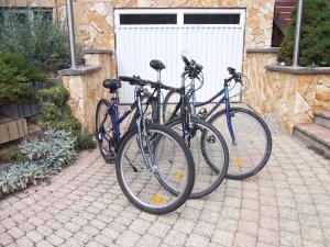 dos bicicletas estacionadas frente a un edificio en Klára Apartmanház, en Zalakaros