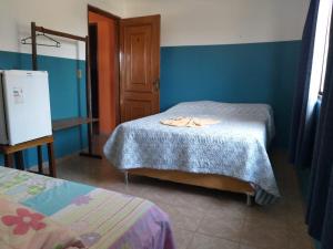 een slaapkamer met 2 bedden en een blauwe muur bij Pousada Hotel Araguaia in Aragarças