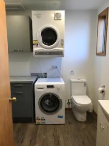 a bathroom with a washing machine and a toilet at Arches on Bendrose in Twizel
