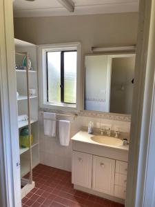 a bathroom with a sink, toilet, and shower at Twin Trees Country Cottages in Pokolbin