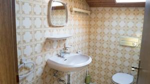 ein Badezimmer mit einem Waschbecken, einem Spiegel und einem WC in der Unterkunft Word & stay Vohburg near Ingolstadt in Vohburg an der Donau