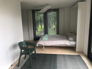 a bedroom with a bed and a chair and a window at Op de linge in Rumpt