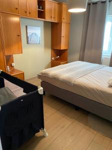 1 dormitorio con 1 cama y armarios de madera en Appart HautsSarts, en Liers