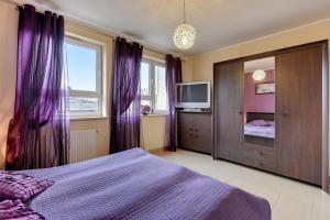 ヤストシェンビャ・グラにあるApartamenty Apartinfo Villa Nordのベッドルーム(紫色のベッド1台、テレビ付)