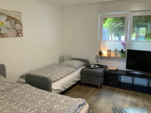 uma sala de estar com duas camas e uma televisão em Gemütliche 1-Zimmer Wohnung mit eigenem Eingang em Wesseling