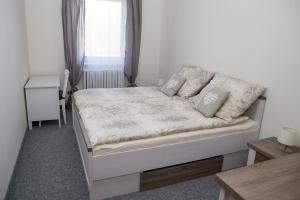 a bedroom with a bed in a room with a window at Penzion 68 in Kladno