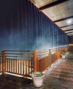 a room with two potted plants on a wooden wall at Beit Alward in Al Shafa