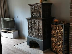 a large wooden fireplace in a living room with a tv at Haus Froehlich in Michelstadt