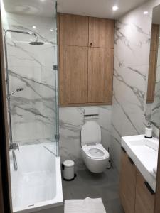 a bathroom with a toilet and a shower and a sink at Apartament Lena Stare Miasto in Krakow