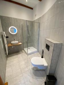 a bathroom with a shower and a toilet and a sink at Hajé Hotel Restaurant de Lepelaar in Lelystad