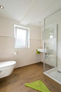 a bathroom with a glass shower and a sink at Ortmanns Eulennest in Finnentrop