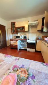 a kitchen with a counter with flowers on it at Vila Granada in Eforie Nord