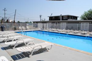 a swimming pool with white lounge chairs and a swimming pool at Shore Point Motel in Point Pleasant Beach