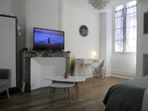 a living room with a tv on a fireplace at Appartement hypercentre Tarbes - 2 grandes chambres in Tarbes