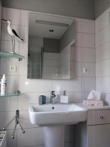 een badkamer met een witte wastafel en een spiegel bij Steinmarner Bude 2 in Cuxhaven +18 foto's