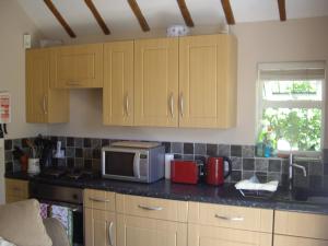 a kitchen with wooden cabinets and a microwave at Wishing Well Garden Apartment in Wilmington