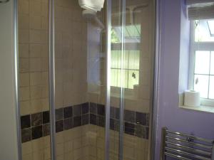 a shower with a glass door in a bathroom at Wishing Well Garden Apartment in Wilmington