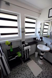 een badkamer met een wastafel en een toilet en 2 ramen bij Rubin in Sinsheim